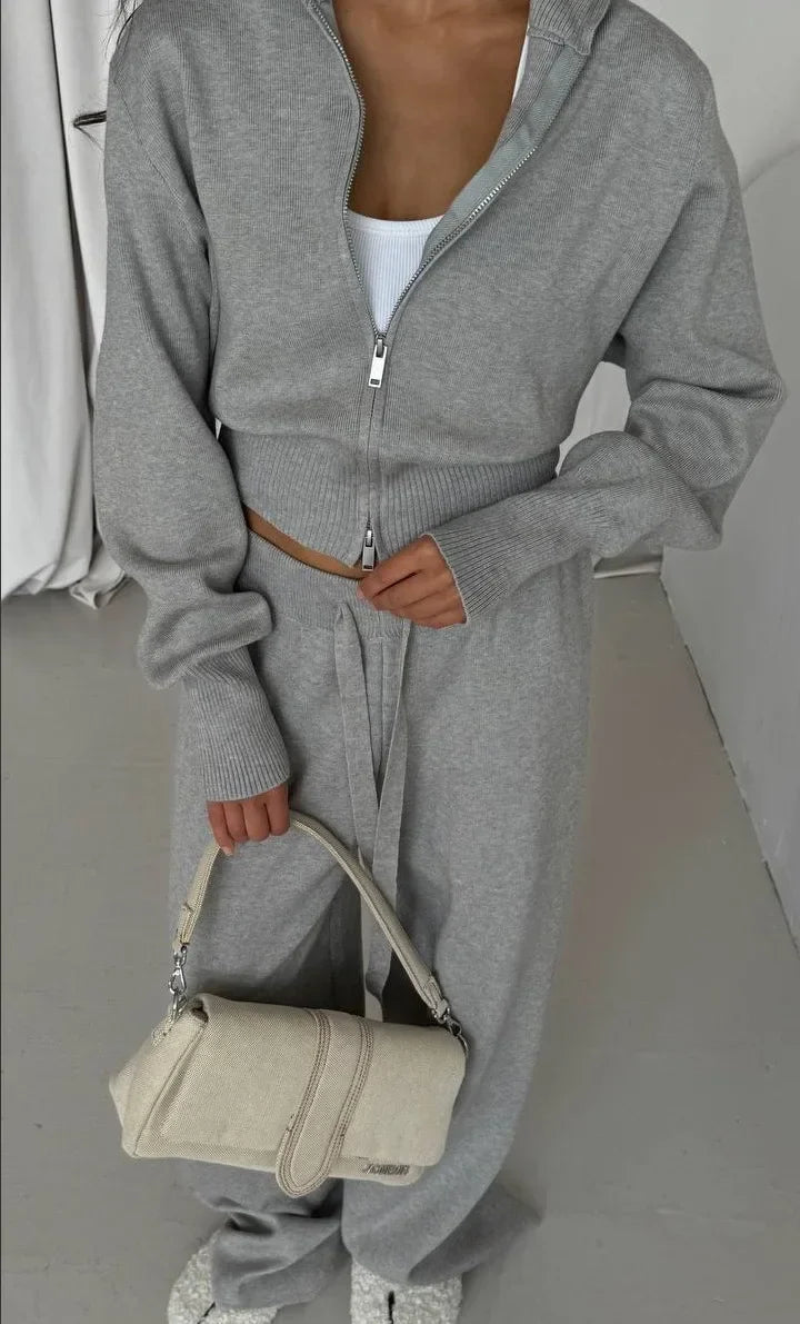 Women Cotton Knitted Cardigan Wide Leg Pants Suit Autumn and Winter Lady  Fashion Loose Daily Office Jacket Straight Pants 2Pcs LadyShow.Store