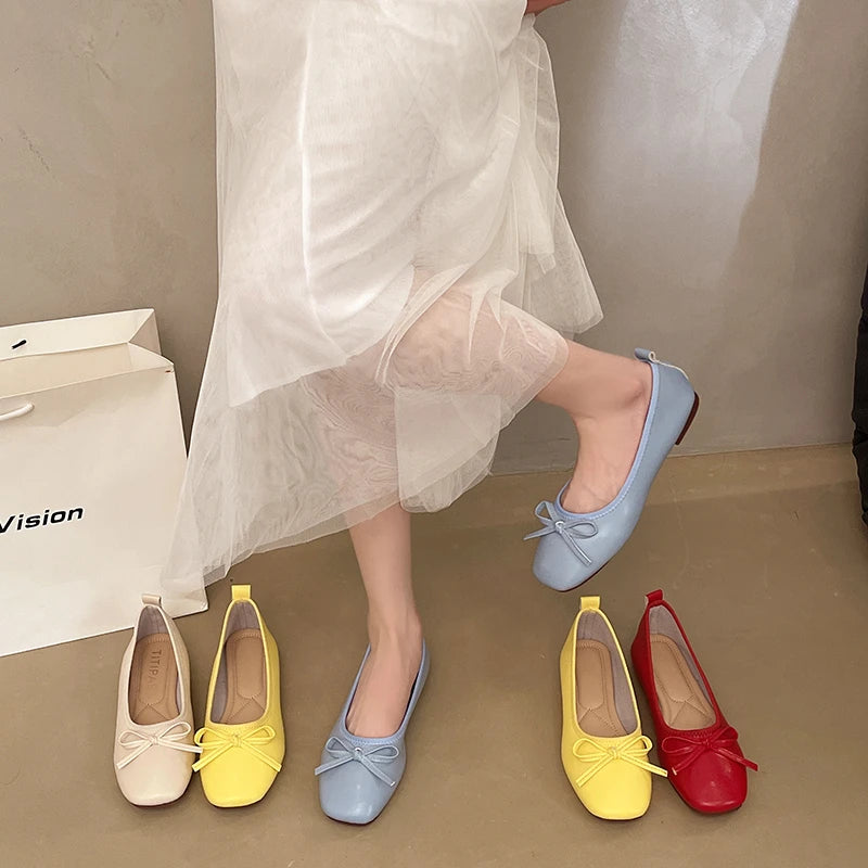 2026 Brand Women Flats Spring New Square Toe Bowknot Ladies Casual Ballet Shoes Big Size Slip on Soft Eelgant Dress Shoes 12457 Pi-Mart