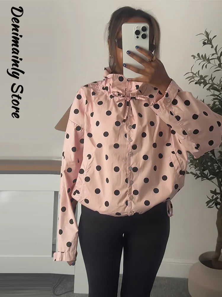 Casual Polka Dot Drawstring Jacket Women Lace Up Stand Collar Full Sleeve Single Breast Jacket 2026 Spring Lady Commute Coat New LadyShow.Store
