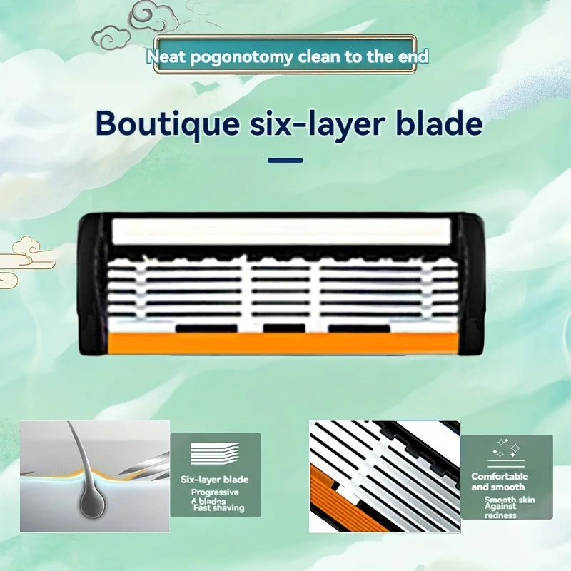 6-layer razor blade, men's stainless steel blade, classic water washed razor, sharp blade for clean shaving Tri Light Beauty