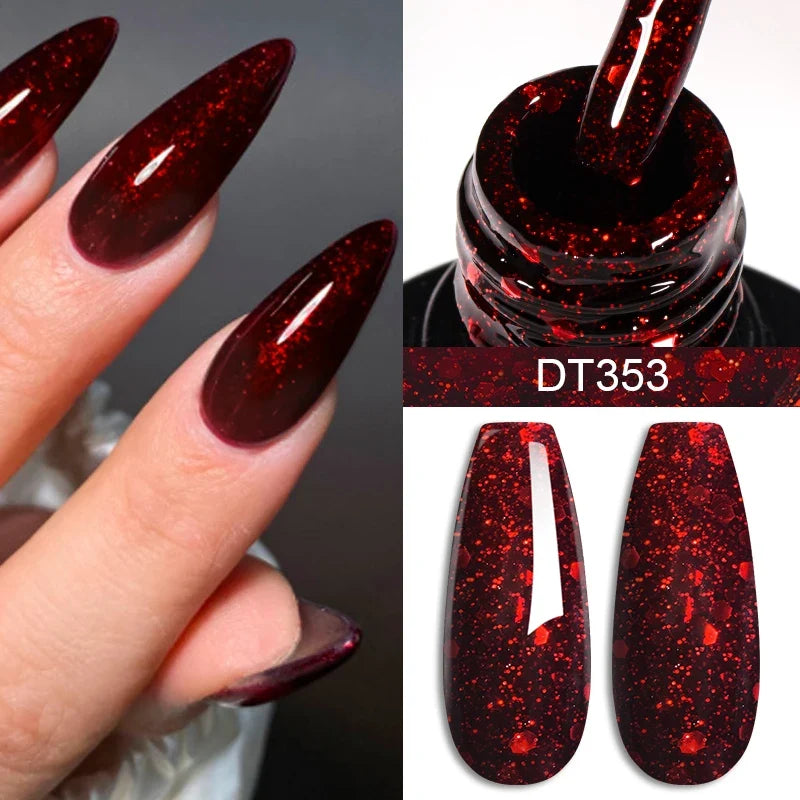 MEET ACROSS 7ml Red Gel Nail Polish Crystal Semi Permanent Soak Off UV Gel Varnish Nail Art Manicure Base Matte Top Coat Vernis Tri Light Beauty