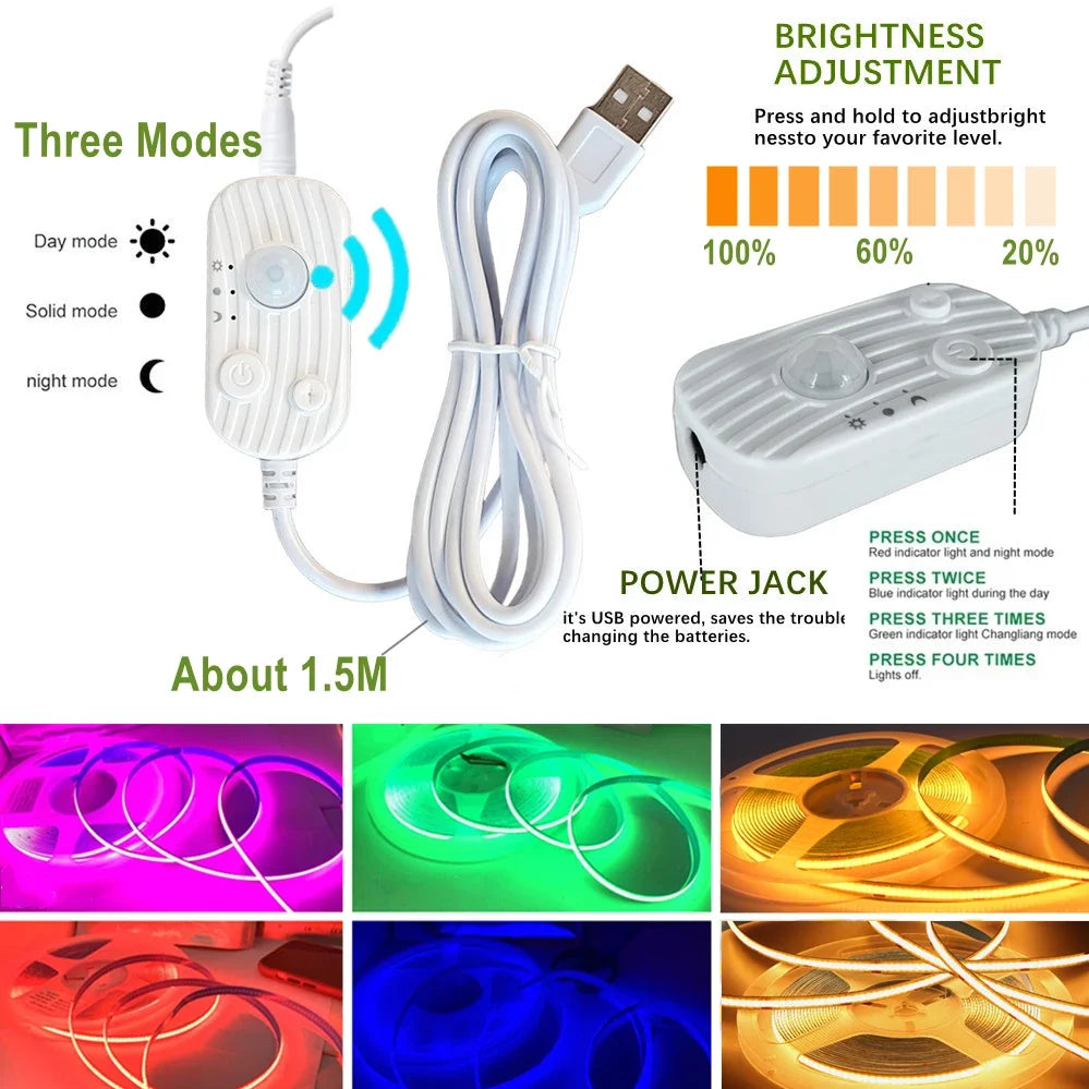 PIR Induction Dimmable 5V USB Adjustable COB Light Strip Motion Sensor Night Light Bathroom, Bedroom, Bed TV Lighting Decoration Pi-Mart