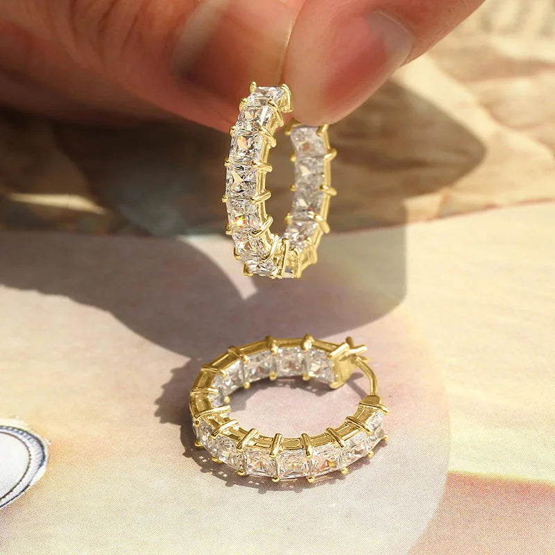 Huitan Princess Square Cubic Zirconia Hoop Earrings Luxury Trendy Ear Circle Earrings for Women Fashion Versatile Female Jewelry Pi-Mart