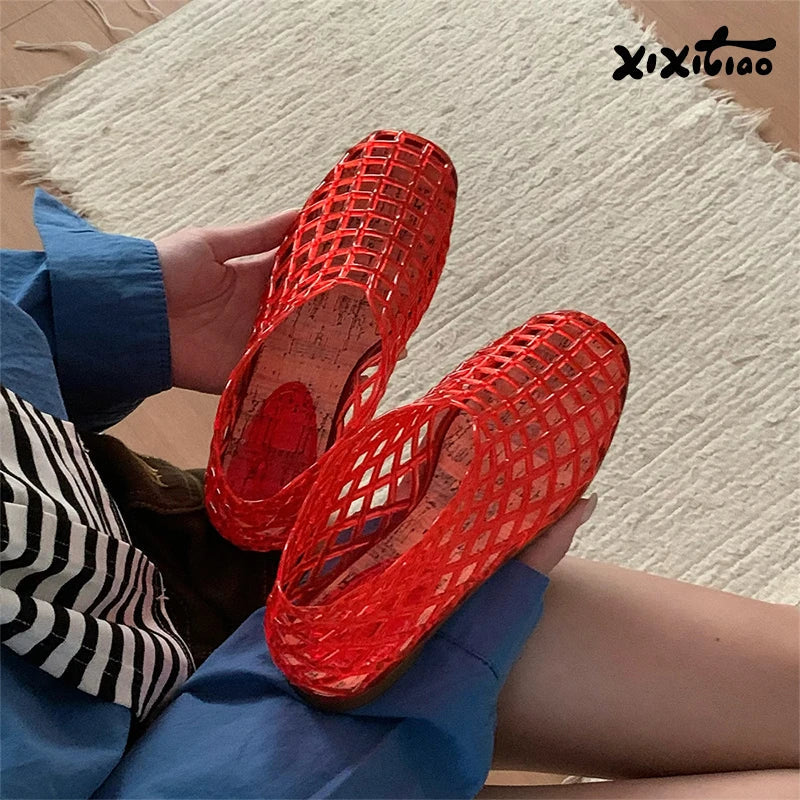 XIXITIAO Women's Sandals Fashion Openwork Sandals Summer Comfortable Anti-slip Flat Jelly Shoes Hollow Outdoor Slip On Footwear LadyShow.Store