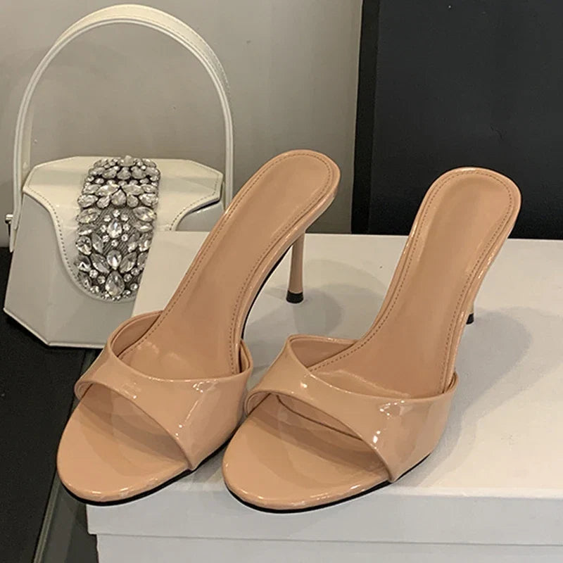 Liyke Wine Red Patent Leather Women Slippers Sandals Fashion Round Open Toe Thin High Heels Mules Slides Summer Party Dress Shoe LadyShow.Store