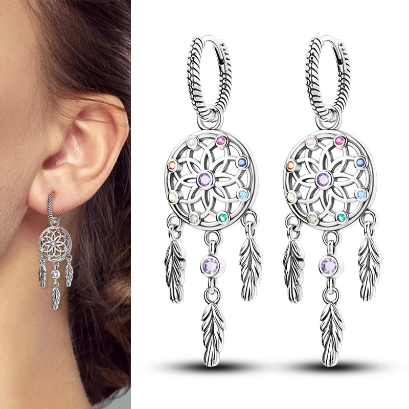Genuine 925 Sterling Silver Love Feather Earrings Fit Original Charms Hoop For Women Girls Stud Earring Fine Jewelry Gifts Pi-Mart