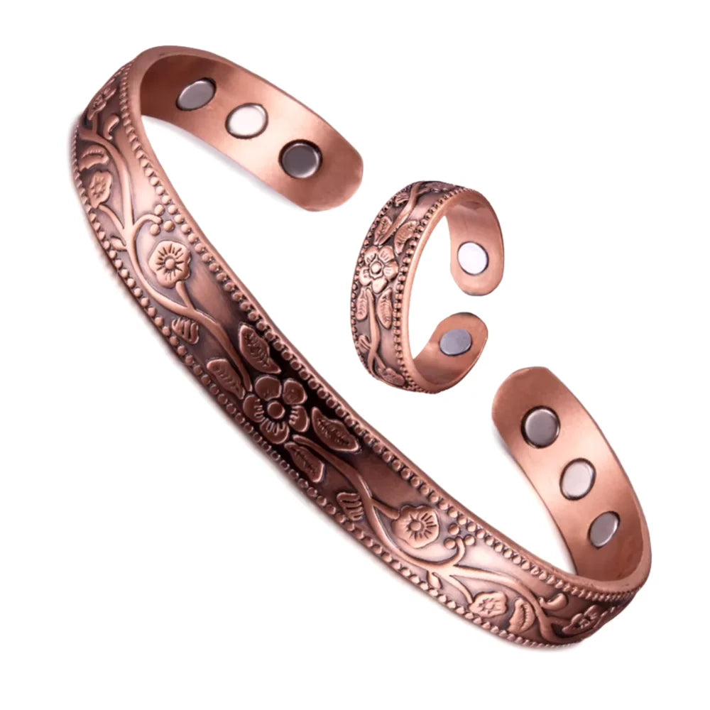 Magnetic Bracelet Retro Flower Ring Bracelet Set Adjustable Men's and Women's Plated Ancient Red Copper Magnetic Bracelet Pi-Mart