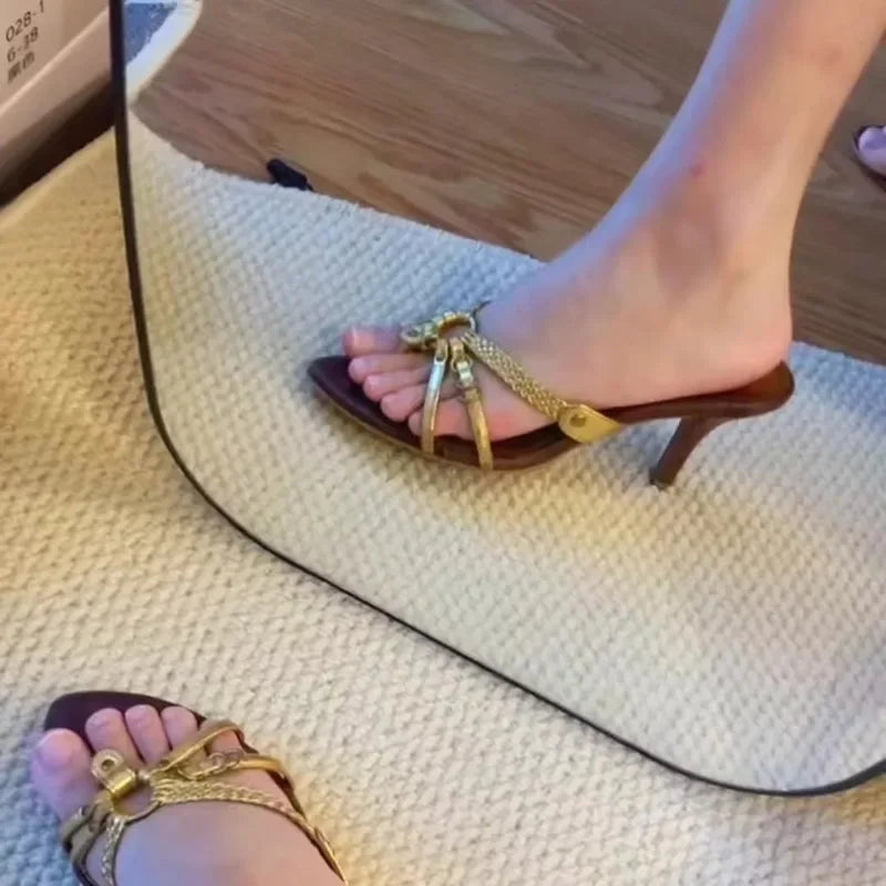 Women's Open-Toe Woven Cross Band Sandals Summer 2026 New Outdoor Wear Middle-aged Vintage Thin Heel Pointed Toe High Heels LadyShow.Store