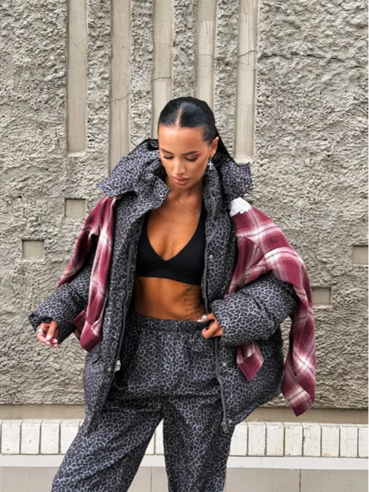 Chic Leopard Hooded Puffer Coat Set Women Quilted Full Sleeve Zip Jacket Wide Leg Pants 2026 New Lady Winter Thicken Warm Outfit Pi-Mart