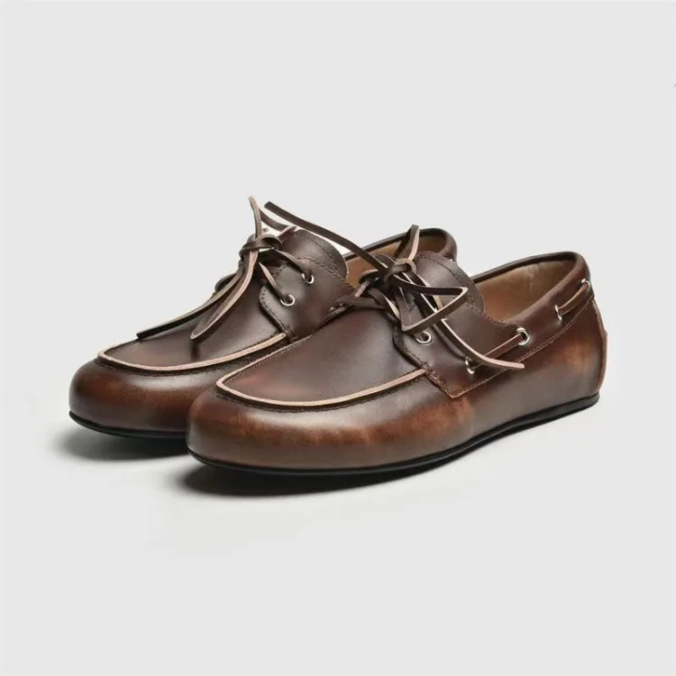 Leather Shoes for Women 2026 Spring and Autumn Sheepskin Worn Dirty Tied Soft Soled Loafer Shoes Retro One Foot Women's Shoe Pi-Mart