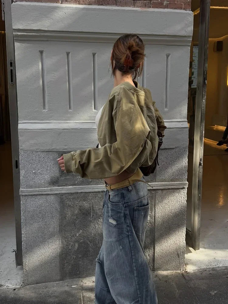 Fashion Short Bomber Jacket Women Casual Long Sleeve Round Neck  Zipper Loose Cropped 2026 Jackets Lady Spring Street Outerwear LadyShow.Store