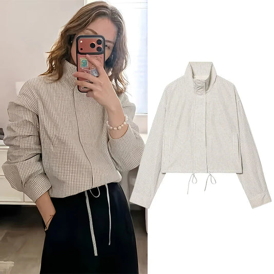 Women's Jackets Coats Spring New Fashion Plaid Stand Collar Long Sleeves Loose Coats Streetwear Female Outerwear Chic Tops LadyShow.Store