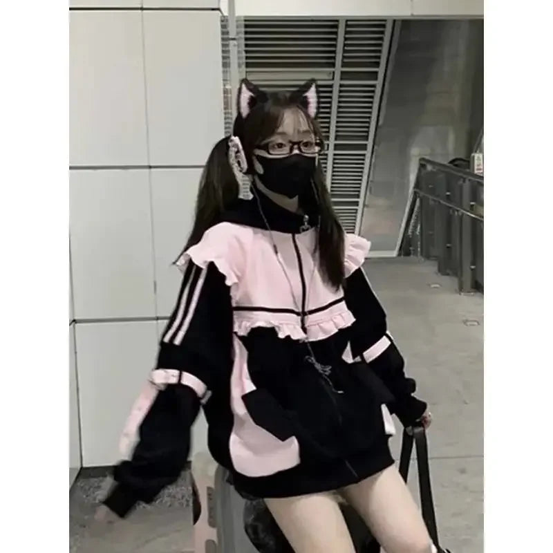 Autumn Winter Japanese Sweet Y2K Clothing Hoodie Women Kawaii Vintage Coat Female Patchwork Korea Style Chic Cardigan Outfits LadyShow.Store