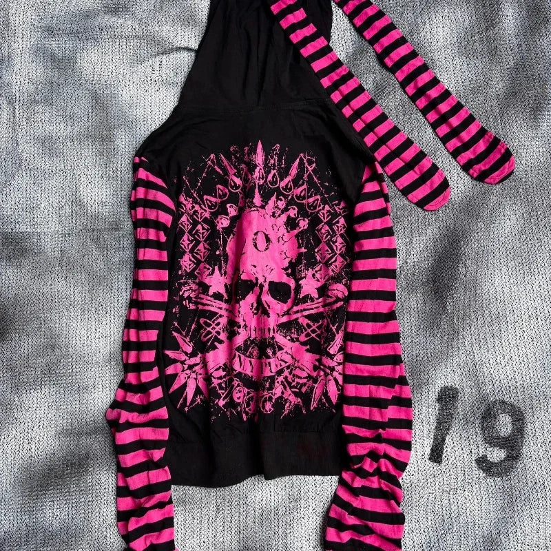 2026 Dark Pink Black Punk Skeleton Printed Striped Sleeve Hoodie Street Style Women's Zipper cardigan Wholesale LadyShow.Store