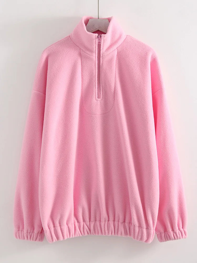 Women Velvet Sweatshirts With Half Zipper Long Sleeve Pink Warm Pullover Female Loose Yellow Sweatshirts For Women Zip Blue Tops LadyShow.Store