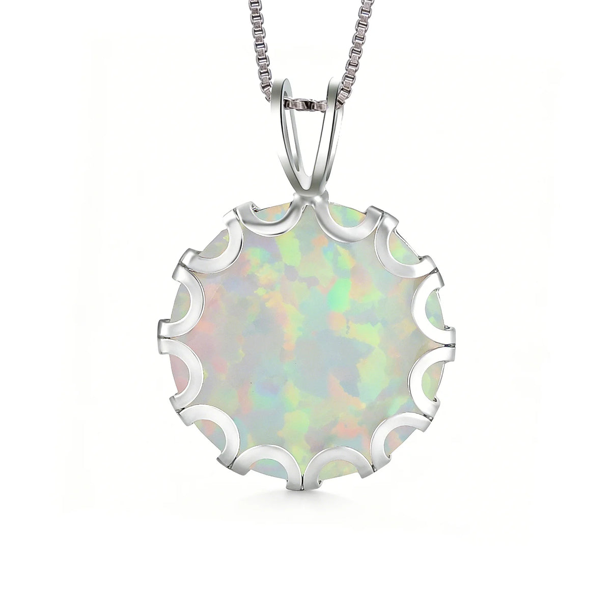 Wave Frame Opal Pendant Necklace,Round Blue Green Opal with Red Fire,White K Plated Floral Jewelry,Dainty Charms Gift for Women Pi-Mart