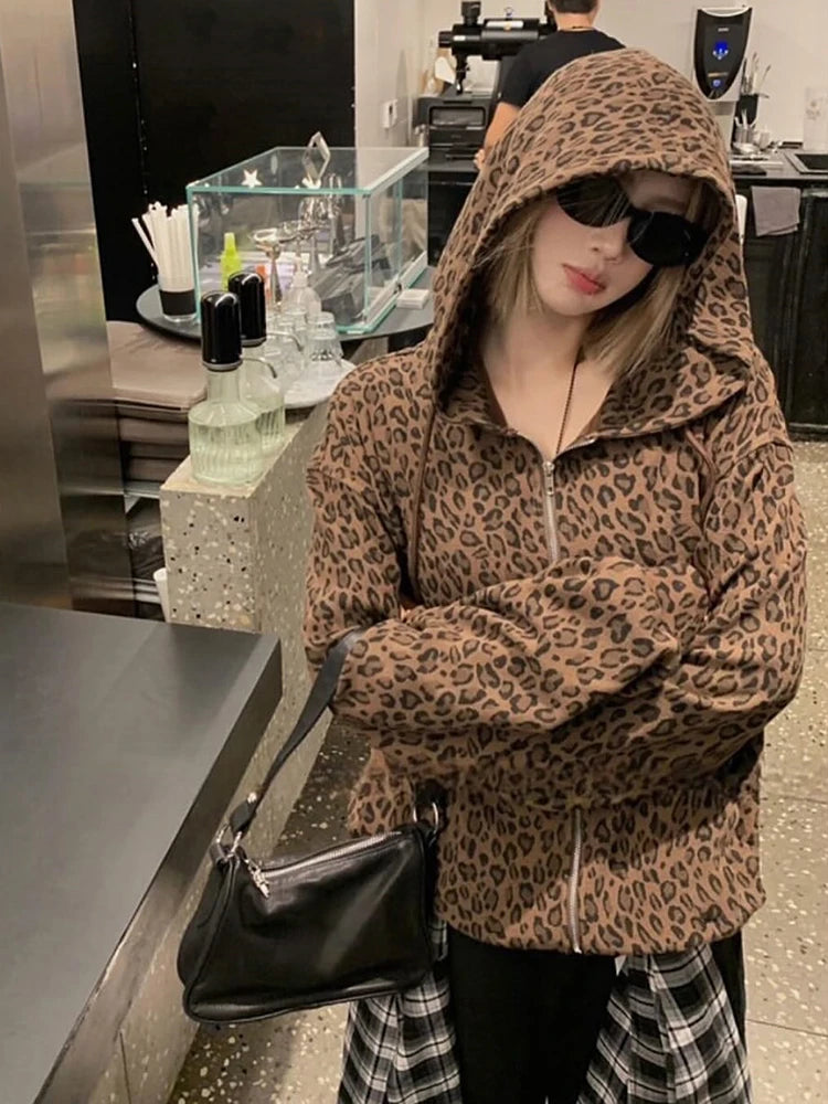 Y2K Leopard Print Hooded Jacket Women Full Zip Drawstring Hood Long Sleeve Loose Fit Streetwear Street Club Ladies Outerwear Pi-Mart
