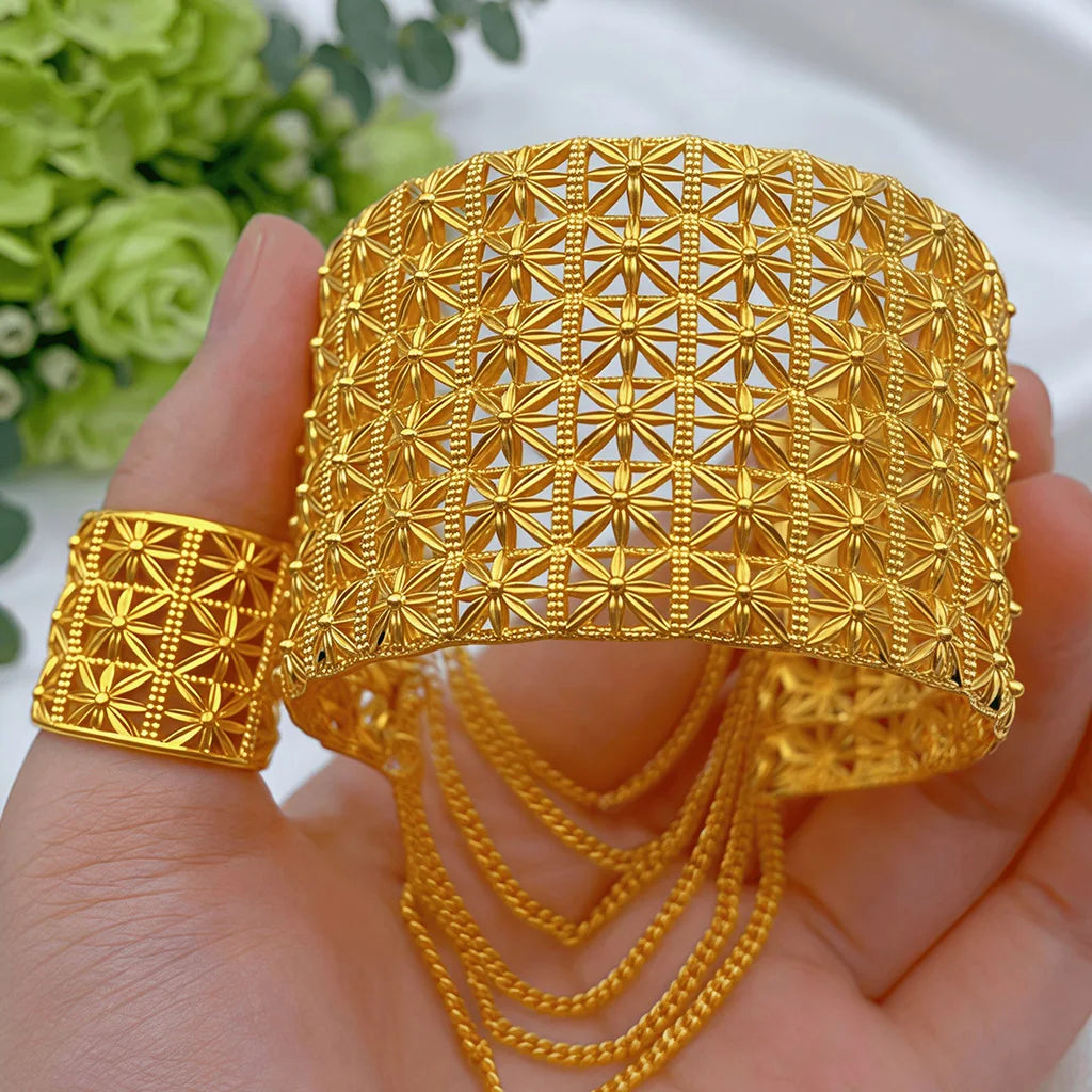 Indian Gold Color Tassel Bracelets Ring For Women Dubai African Hard Charm Bangles Wedding Arabic Hand Jewelry Party Gifts Pi-Mart