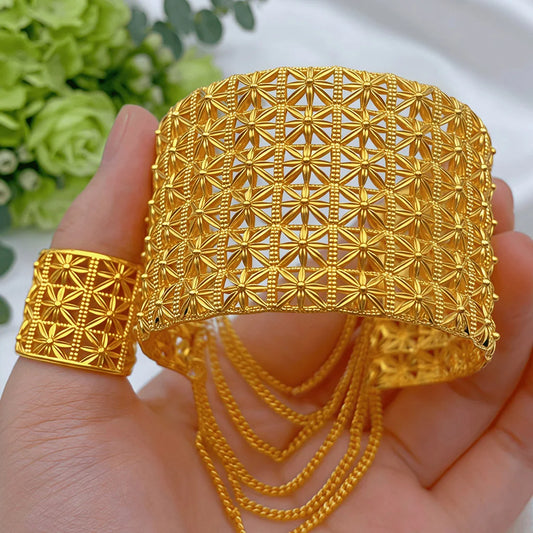 Indian Gold Color Tassel Bracelets Ring For Women Dubai African Hard Charm Bangles Wedding Arabic Hand Jewelry Party Gifts Pi-Mart