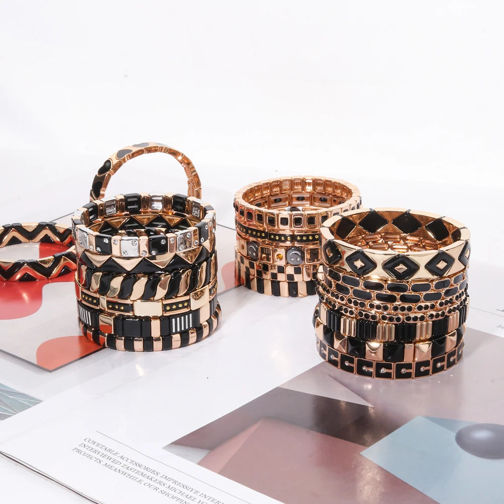 2026 New Black Gold Color Beaded Bangle for Women and Men Handmade Elastic hand Wrist Bracelets Pi-Mart