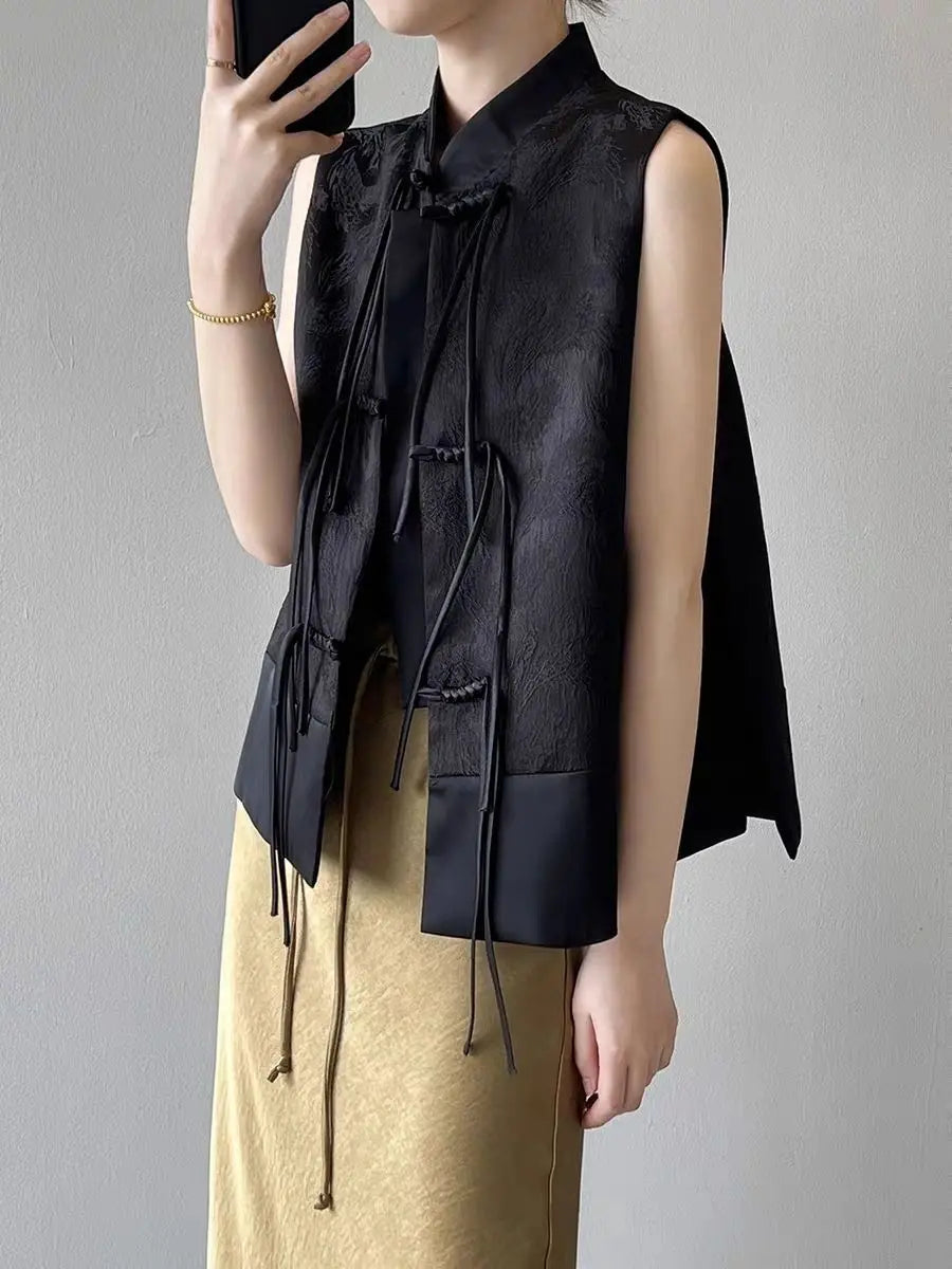 2026 spring new chinese new style plate buckle waistcoat jacket jacquard stand collar sleeveless retro women cheongsam waistcoat Pi-Mart
