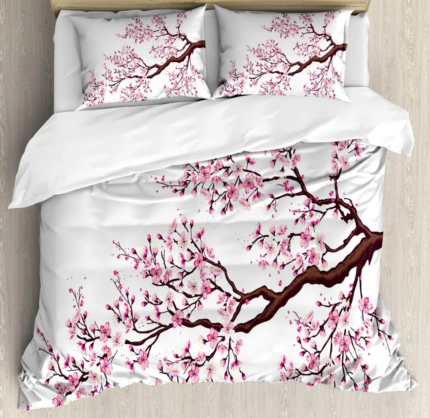 Japanese Duvet Cover Set Simplistic Cherry Blossom Tree Botanic Themed Pattern Fresh Organic Lines Bedding Set For Kids Girls Pi-Mart