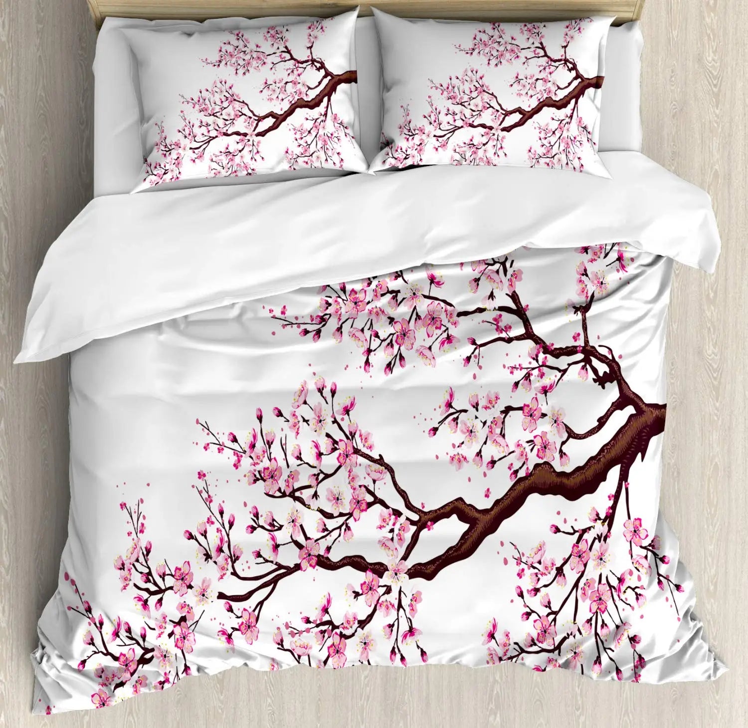 Japanese Duvet Cover Set Simplistic Cherry Blossom Tree Botanic Themed Pattern Fresh Organic Lines Bedding Set For Kids Girls Pi-Mart