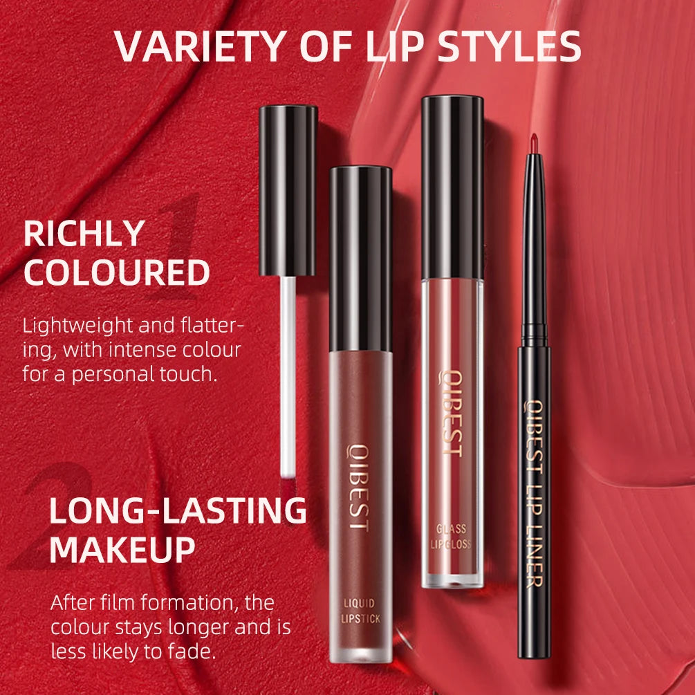 3pcs Matte Liquid Lipstick+Lip Liner Set Lip Glaze Makeup Nude Black Red Velvet Lip Gloss Long Lasting Lip Tint Cosmetics Kits Pi-Mart