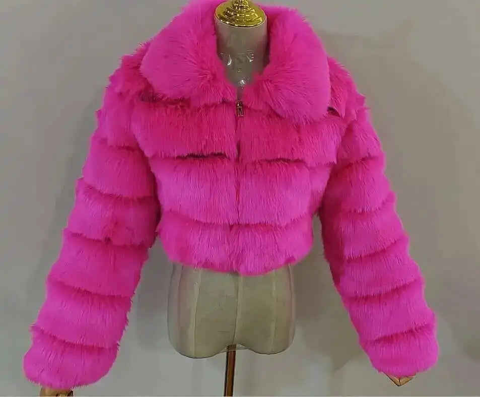 DEAT Fashion Women's Faux Fur Coat Lapel Zipper Long Sleeves Loose Thick Imitation  Fur Short Jacket Winter New 7AB6103 Pi-Mart