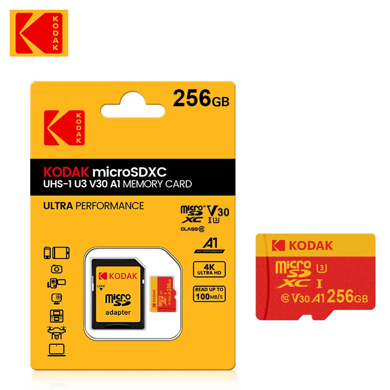 KODAK 128GB Micro SD Card U3 V30 256GB 64GB 32GB 4K High Speed TF Card for Phone Camera Drone Original TYPE-C Reader Pi-Mart