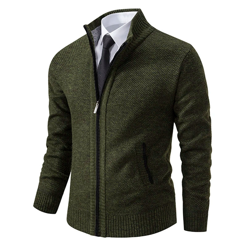 Autumn And Winter New Jersey Men's Casual Sports Coat Solid Color Stand Collar Wweater Grab Fleece Warm Zipper Cardigan Pi-Mart