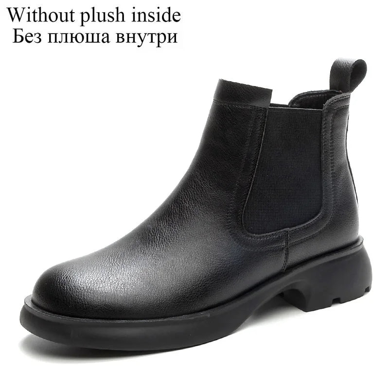 DRKANOL Fashion Women Thick Heel Ankle Boots Autumn Winter Warm Shoes Round Toe Real Cowhide British Style Slip On Chimney Boots Pi-Mart