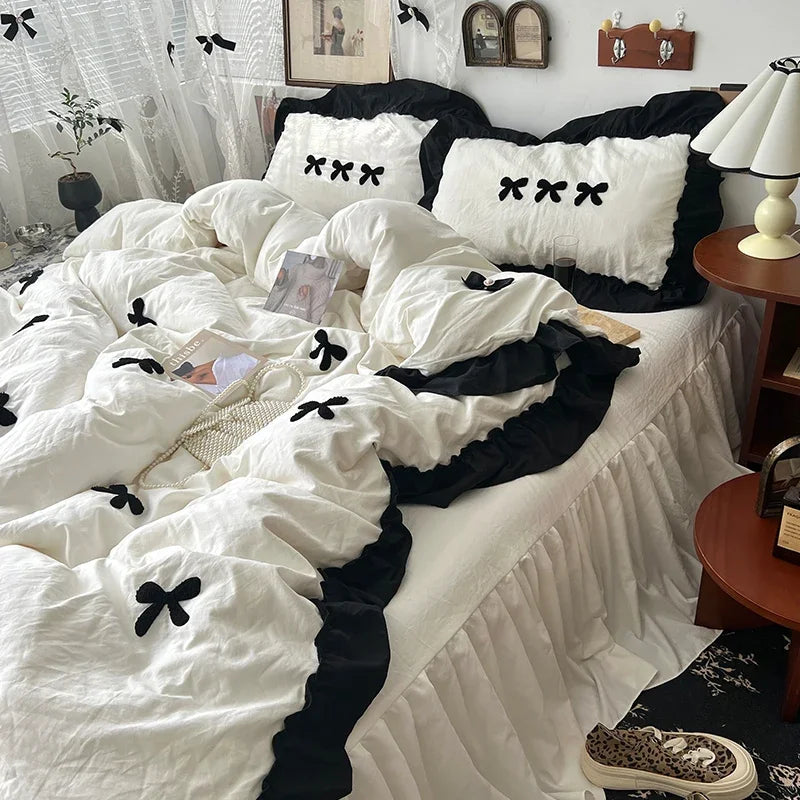 Black Bow Cotton Bedding Set, Princess Style Cute Girl Skin Friendly Soft Duvet Cover, Bed Sheet or Bed Skirt Pillowcase Pi-Mart