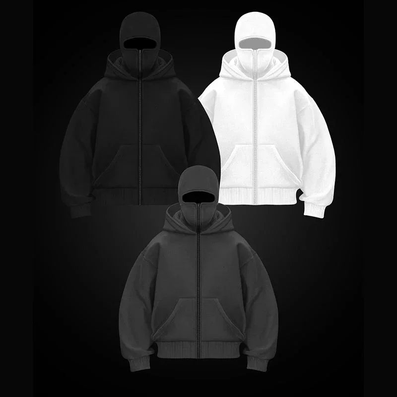 Men and Women Balaclava Y2K Gothic Harajuku Spring Autumn Winter New Item Double Hooded Sweatshirt Men Hooded Mask Zipper Jacket Pi-Mart