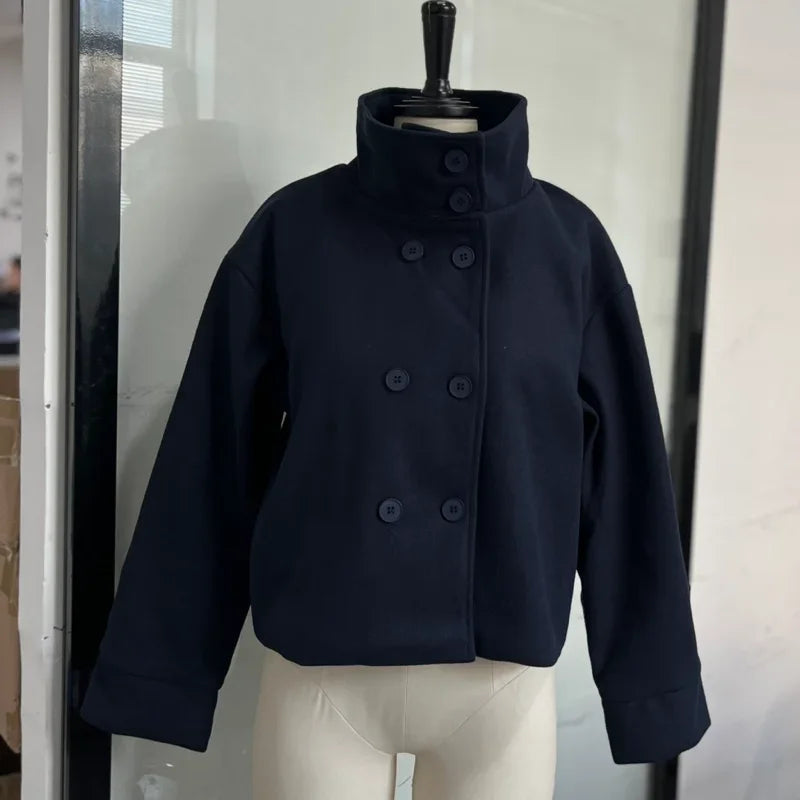 Fashion Short Woolen Coat For Women Stand Collar Full Sleeve Loose Zipper Jacket Female 2025 Spring Autumn Solid Lady Outwear LadyShow.Store