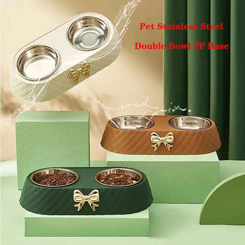 Pet Supplies Bow-tie Bowknot Cats Food Bowl PP Base Dog Bowl Stainless Steel Double Pet Accessories Feeding Drinking Double Bowl Pi-Mart