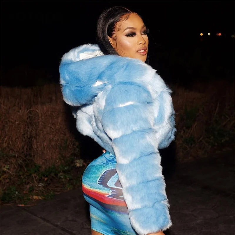 High Quality Furry Cropped Faux Fur Coats Jackets Women Fluffy Top With Hooded Winter Fur Jackets Fourrure Manteau Femme JH137 Pi-Mart