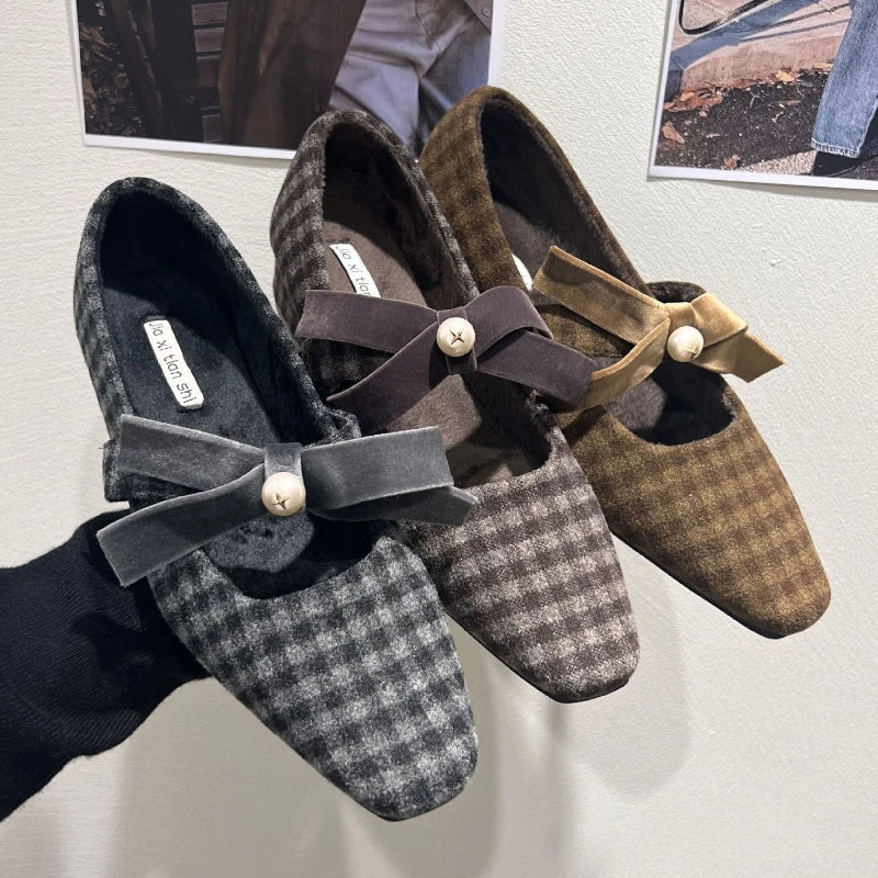 Elegant Chunky Heel Mary Jane Shoe for Women Bowknot Pearls Decoration Plaid Print Design Autumn Pumps Fashion Party Dress Heels LadyShow.Store