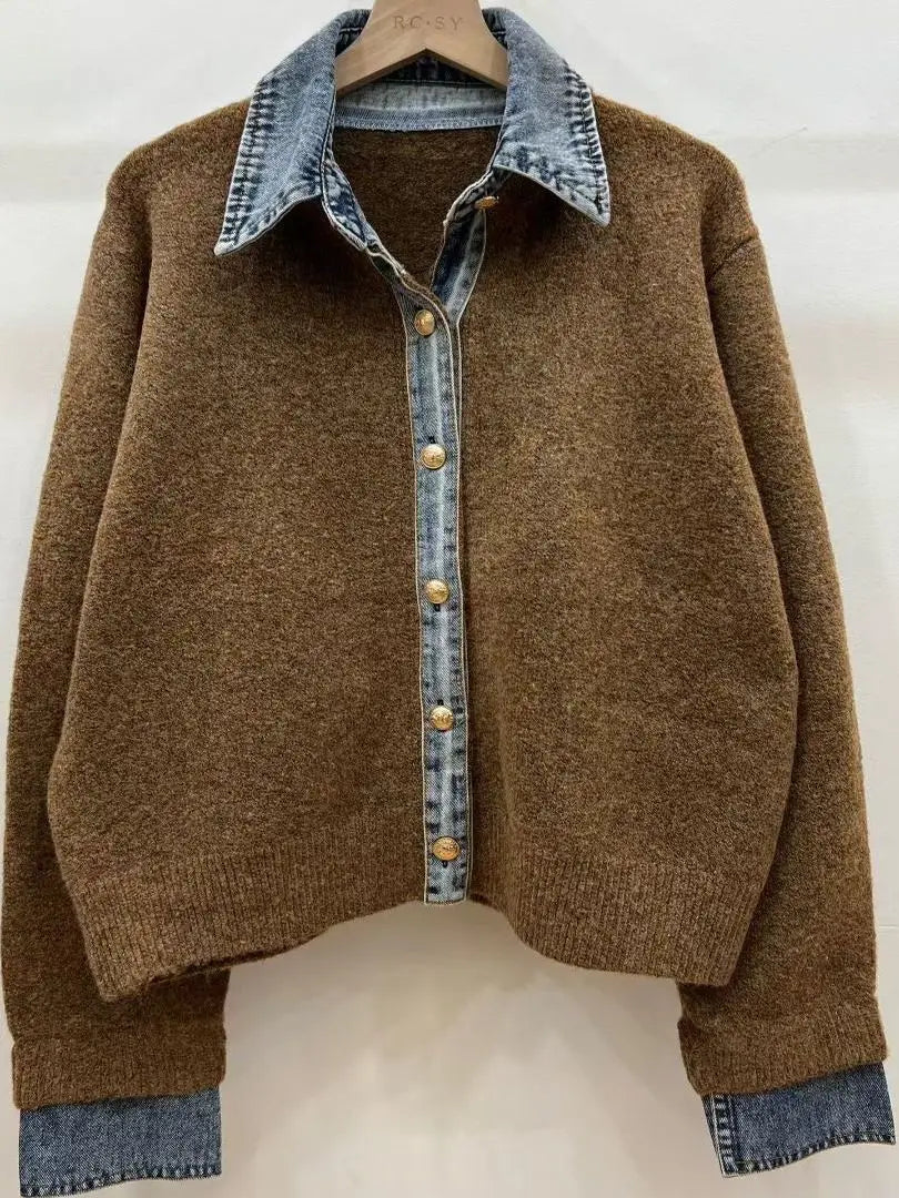 Chic Denim Collar Stitching Fake Two-piece Sweater Women's Cardigan New Single Breasted Knitted Jacket Coat Female Outwear LadyShow.Store