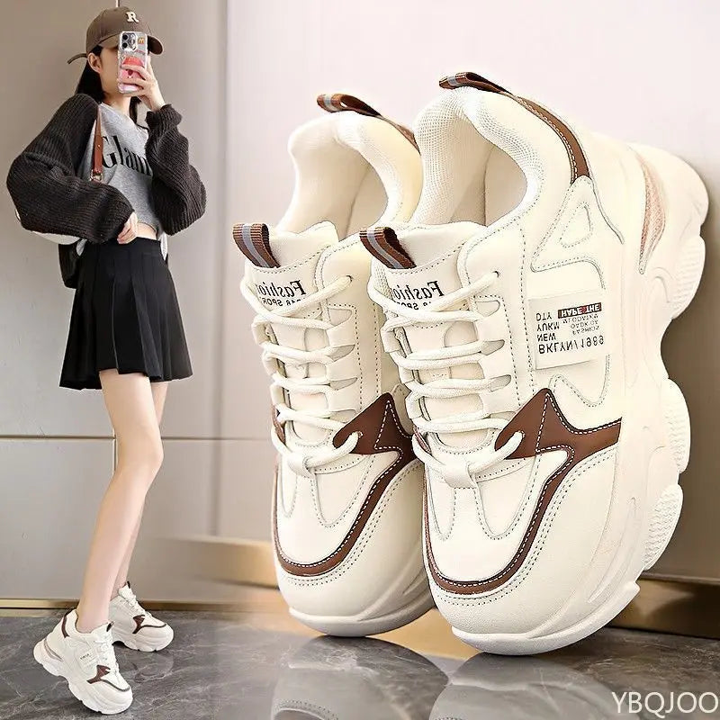 Women's Thick Soled Lightweight Sports Shoes Spring and Autumn New White Casual Women's Thick Soled Height Increasing Shoes Pi-Mart