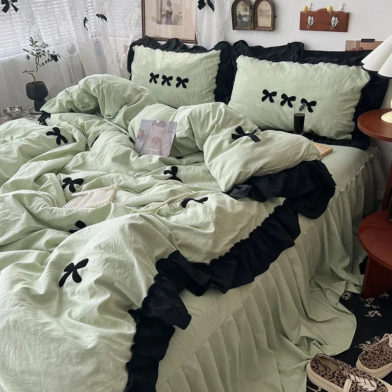 Black Bow Cotton Bedding Set, Princess Style Cute Girl Skin Friendly Soft Duvet Cover, Bed Sheet or Bed Skirt Pillowcase Pi-Mart
