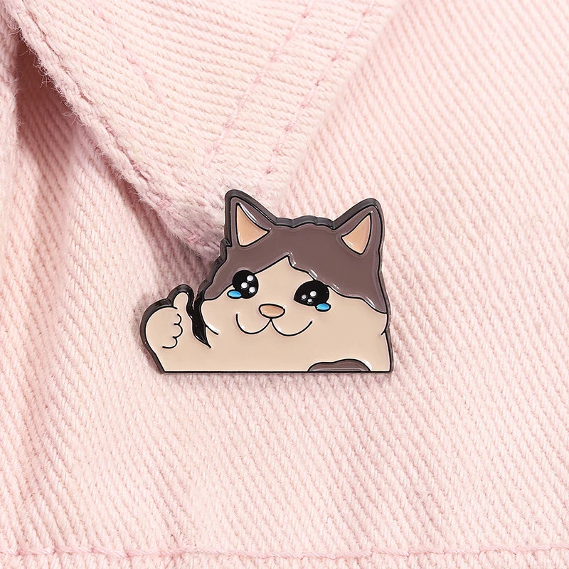 Thumb Up Crying Cat Enamel Pin Kawaii Humorous Animal Brooch Lapel Backpack Badge Funny Jewelry Gifts For Cat Lovers Friends Pi-Mart