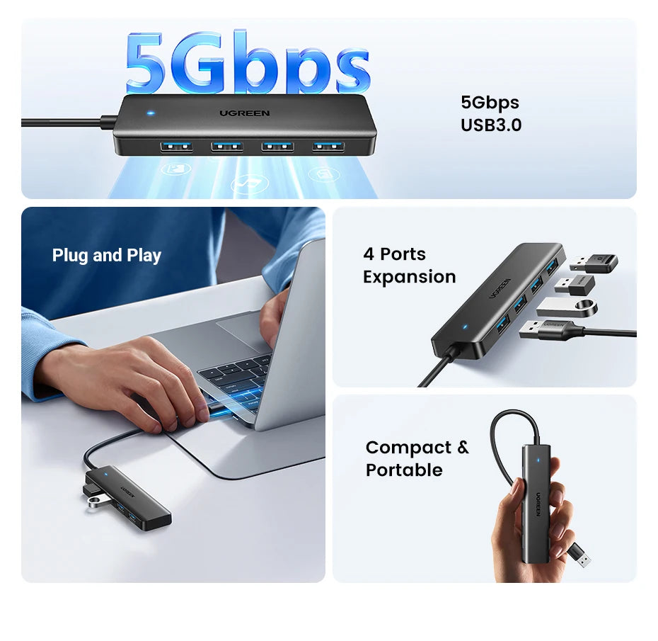 UGREEN USB 3.0 HUB 4 Ports USB-C HUB Slim for Mouse Keyboard Compatible with MacBook Pro Air Laptop Desktop PC Xbox PS5 Splitter Pi-Mart