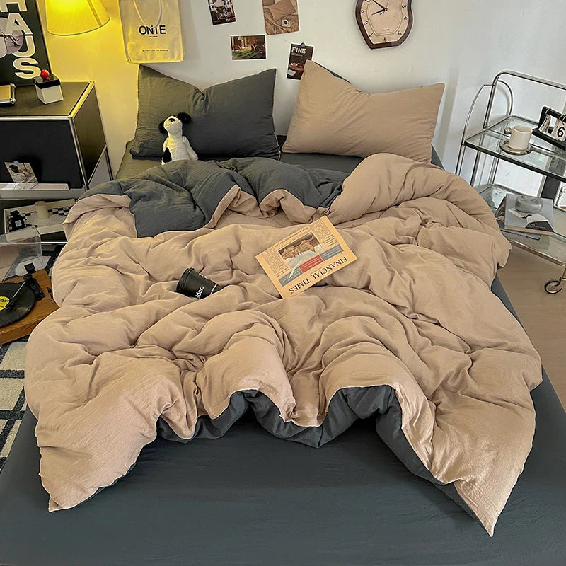 Washed Cotton Bedding Set with Pillowcase bed sheet Single Full Size Bed Linen Duvet Cover Set Queen/King Double Single Bed LadyShow.Store