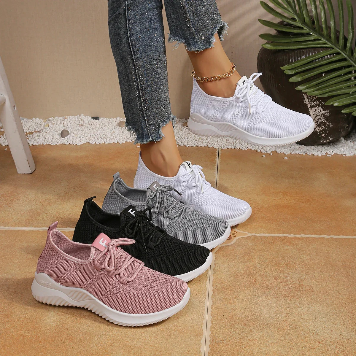 Women's Shoes Ladies Outdoor Casual Sneakers Breathable Knit Upper Lightweight Comfortable Anti Slip Soft Walking Shoes LadyShow.Store