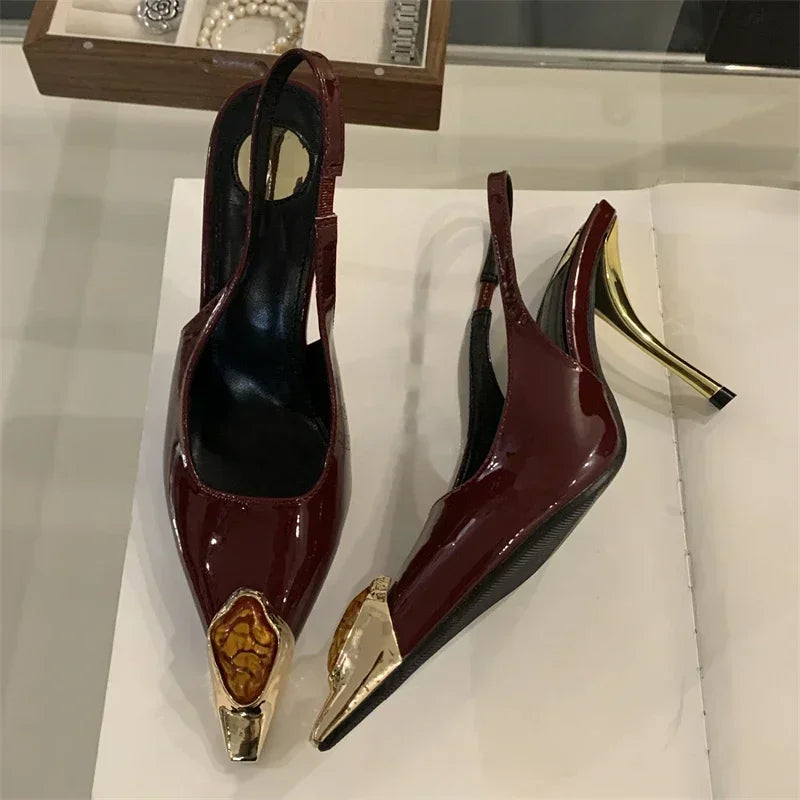 Aneikeh Street Style Design Metal Square Head Diamonds Woman Pumps Sandals Elegant Sexy Low-heel Banquet Prom Slingbacks Shoes LadyShow.Store