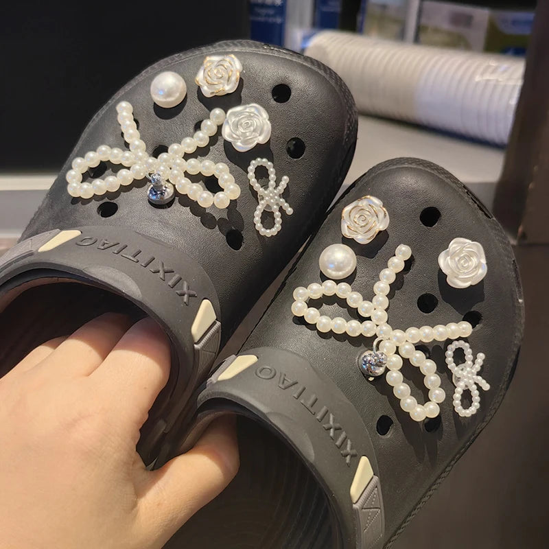 New Pearls Bowknot Shoes Charm Set 2026 Punk Heart Flowers DIY Shoe Accessories Ballet Style Silver Detachable Shoe Buckle Decor Pi-Mart