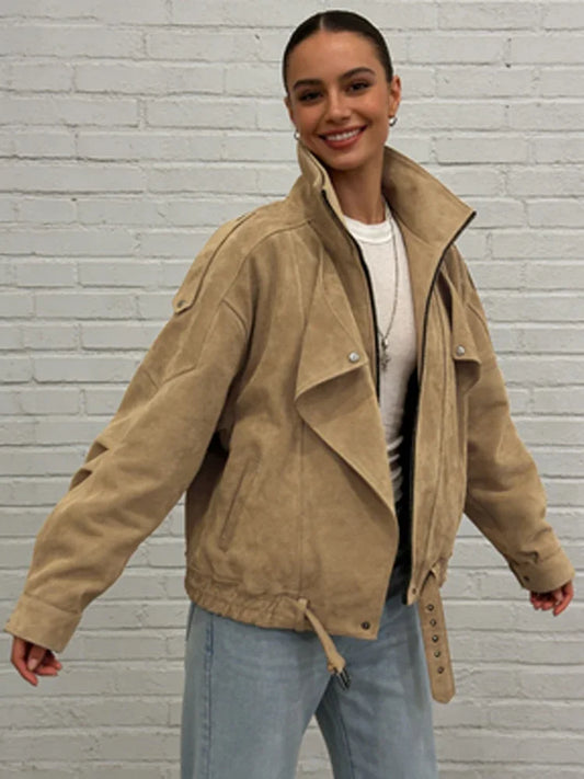 Khaki Lapel Short Suede Jacket Women Casual Stand Collar Full Sleeve Zipper Pocket Loose Jackets 2026 Lady Commute Street Coats LadyShow.Store