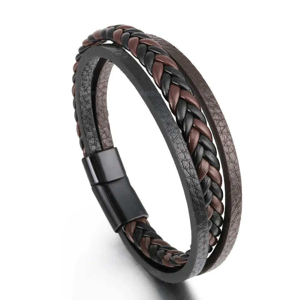 Trendy Leather Bracelets For Men Stainless Steel Bracelet 21CM Multilayer Braided Rope Bracelets for Male Jewelry Gifts Pi-Mart