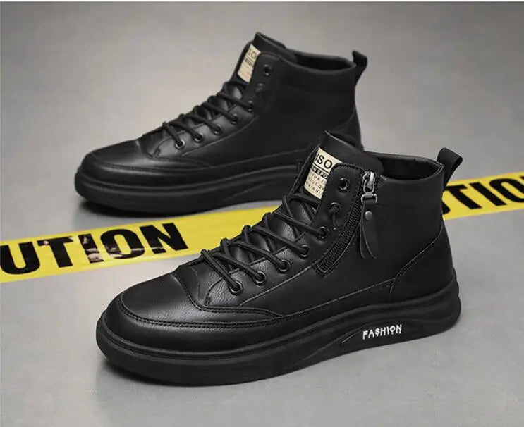Men Boots Autumn High Top Leather Casual Shoes Fashion Cotton Shoes Flat Ankle Boots Business Outdoor Shoes Man Sneakers New Pi-Mart